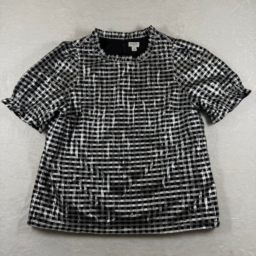 J.‎ Crew Metallic Silver Gingham Ruffle Neck Puff Sleeve Top CF117 Black Womens